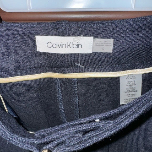 NWT Calvin Klein Womens Dress Pants linen blend Navy Belted Size 12 - Picture 3 of 6
